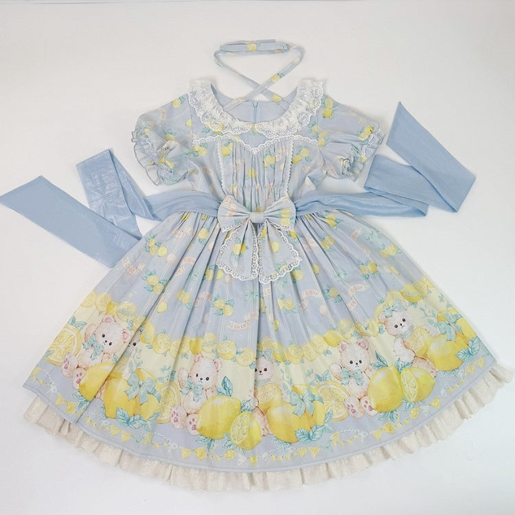 Lolita Sweet Sleeves Dress Teddy and Short Lemon Print Blue