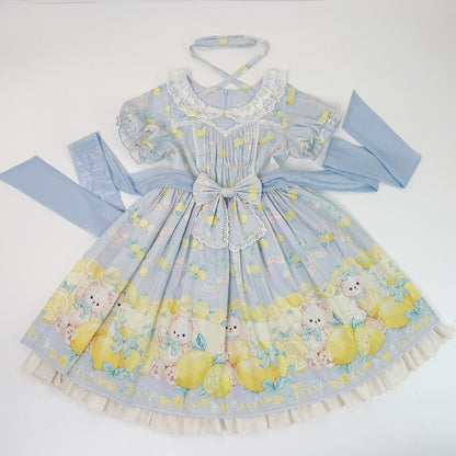 Lolita Sweet Sleeves Dress Teddy and Short Lemon Print Blue