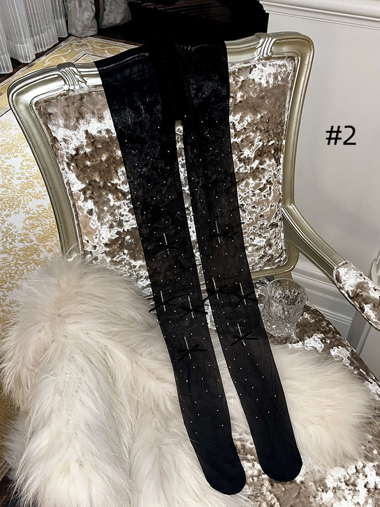 ラインストーンリボンドット柄タイツ