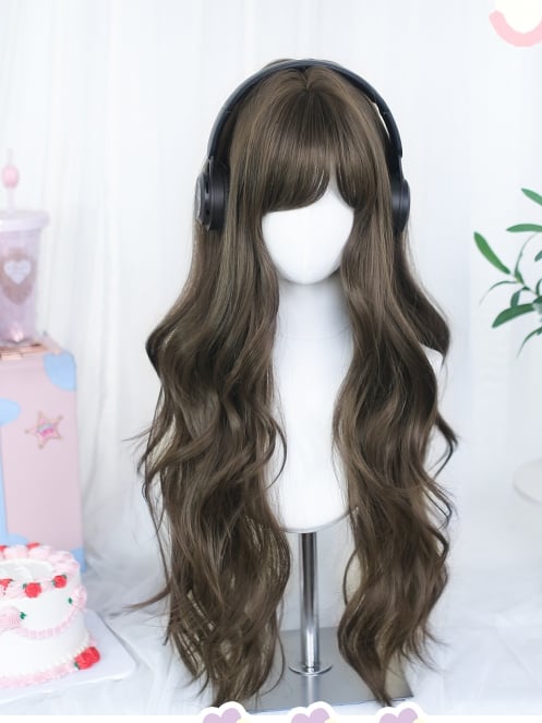 Lange, gewellte Perücke (65–70 cm) mit seitlich gefegtem schwarz-braunem Pony