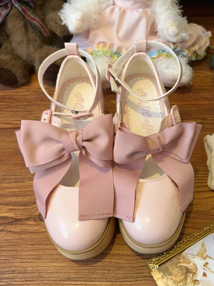 Lolita Decor Grain Wood in Sweet Leather Horse Platform Rocking Shoes PU Detachable Sole Bow - Pink