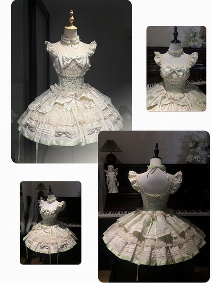 Beads Flutter Sleeves Balletcore Sweet Lolita Jumper Mint Bowknots Skirt and Green Decoration