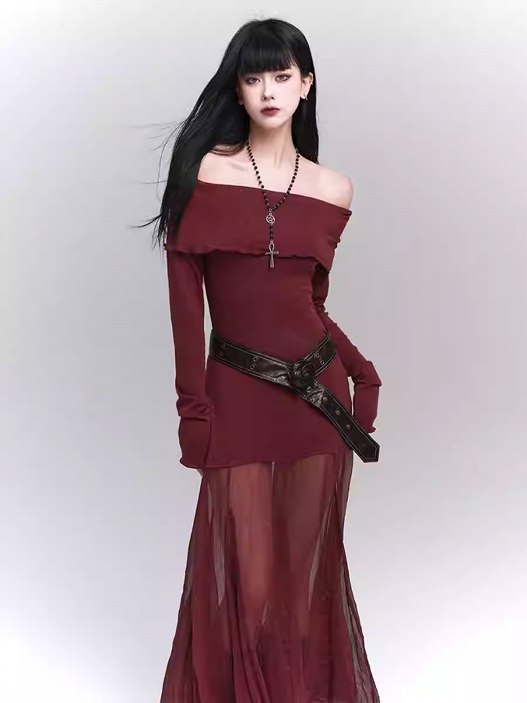 Wine Red Semi-sheer Off-the-shoulder Neckline Glamorous Dress