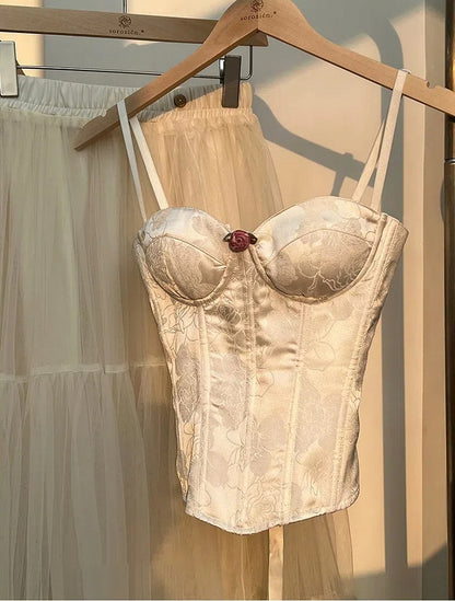 Abnehmbare Schultergurte, Korsett-Oberteil aus Rosettenstoff mit Stäbchen