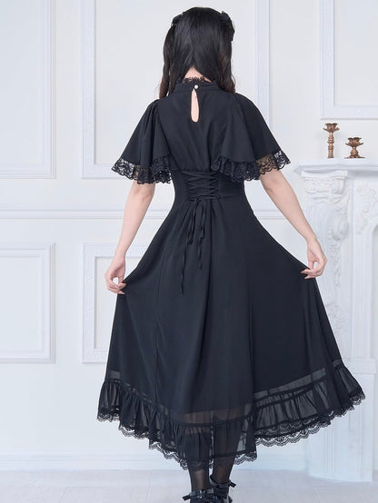 Lace Trim Long Dress with Free Bowknot Brooch Jirai Kei All Black