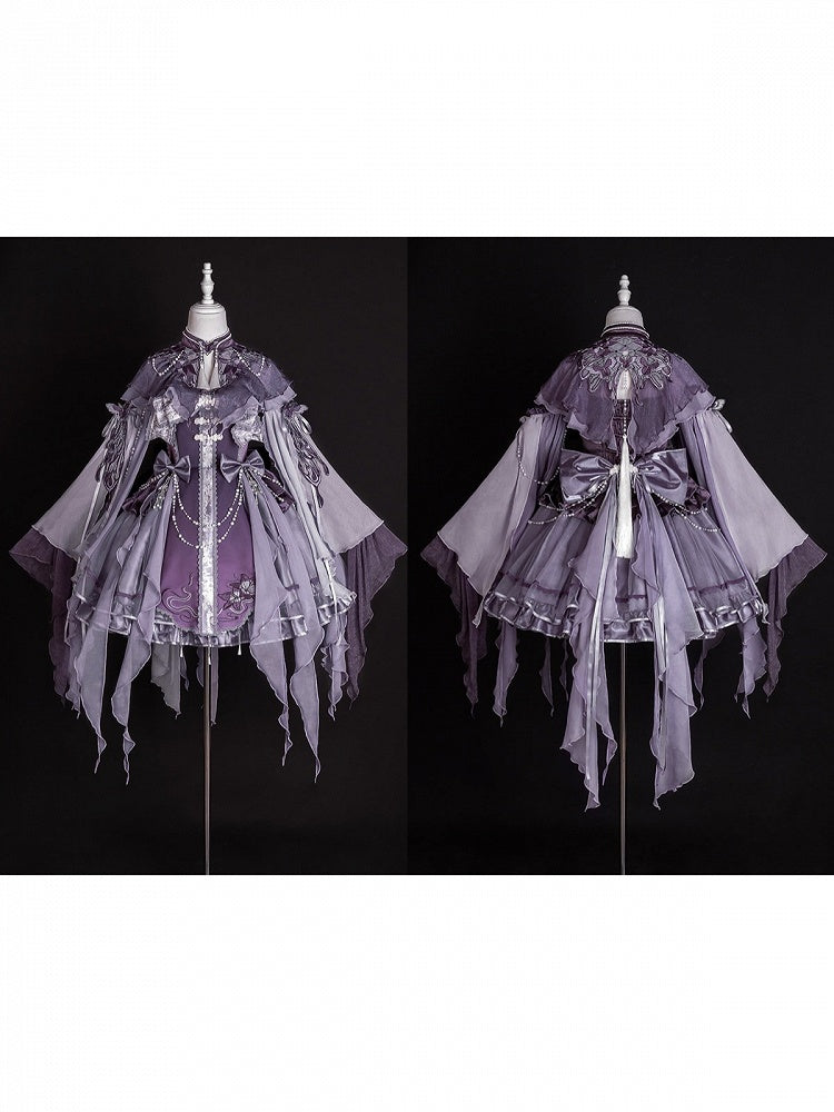 Asymmetrical Purple Lolita JSK with Floral Embroidered Capelet and Removable Sleeves Set - Xiong Dou Jiang