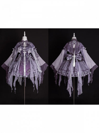 Asymmetrical Purple Lolita JSK with Floral Embroidered Capelet and Removable Sleeves Set - Xiong Dou Jiang