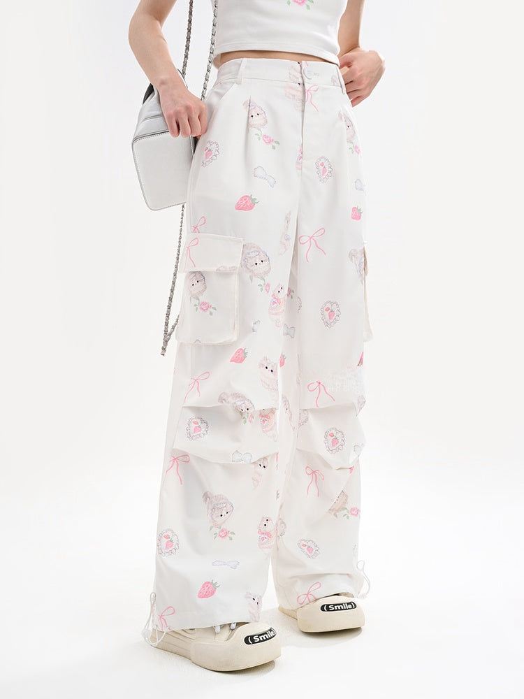 Cuffs – Entzückende weiße Hose mit weitem Bein und Cargotaschen mit Kitty-Print und Kordelzug