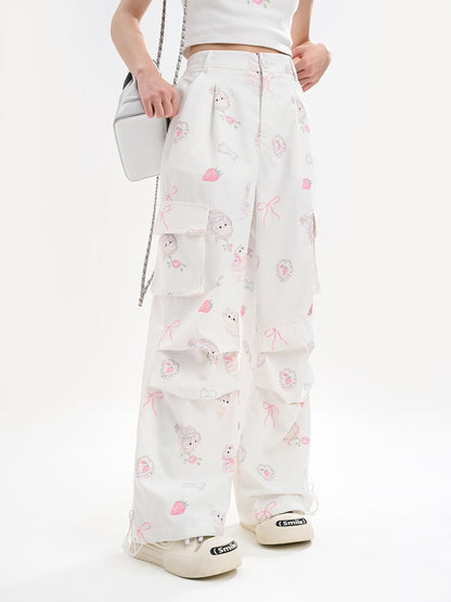 Cuffs – Entzückende weiße Hose mit weitem Bein und Cargotaschen mit Kitty-Print und Kordelzug