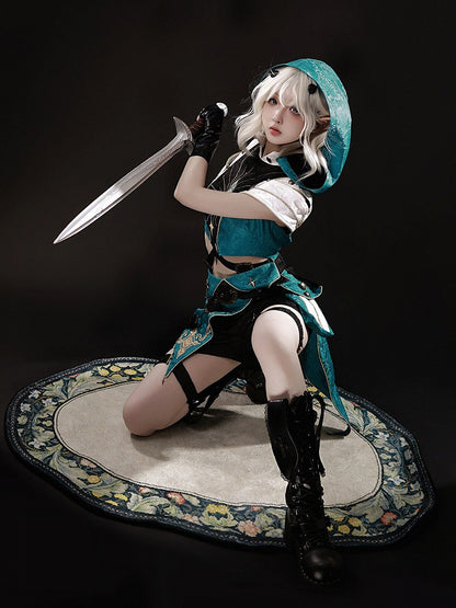 Teal Ouji Lolita Cutout Hooded Top + Asymmetric Metal Button Shorts Set - Xiong Dou Jiang