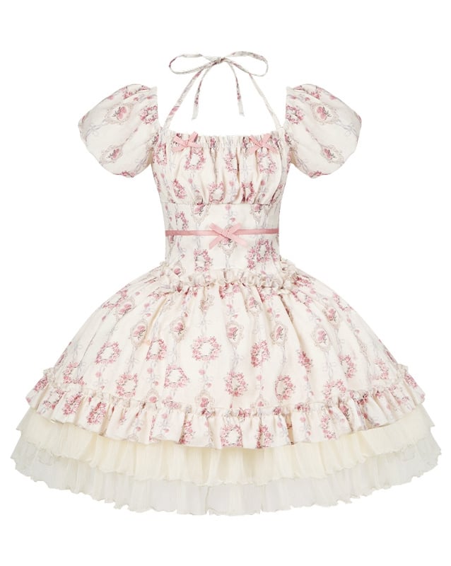 Lolita Kurze Version Blumendruck Elastischer quadratischer Kleidausschnitt Klassisch