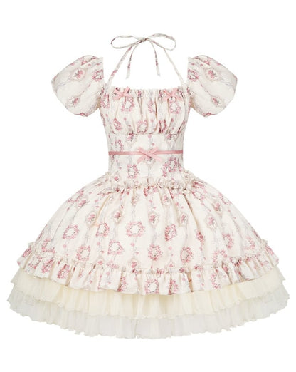 Lolita Kurze Version Blumendruck Elastischer quadratischer Kleidausschnitt Klassisch