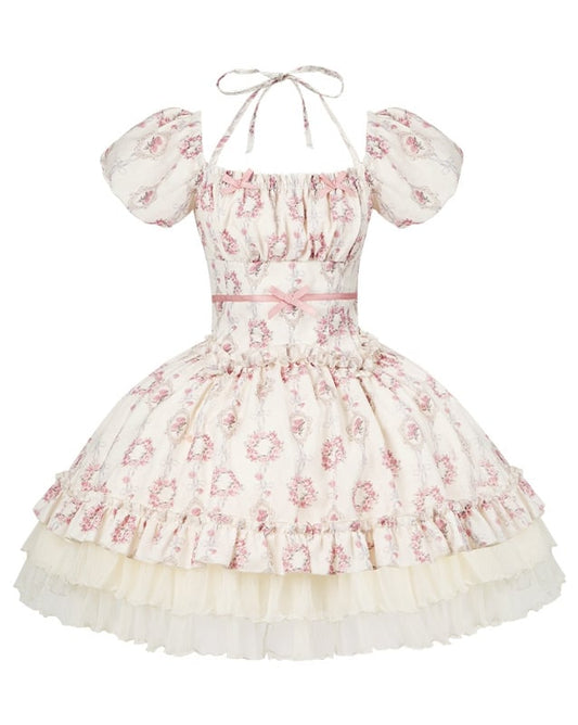 Lolita Kurze Version Blumendruck Elastischer quadratischer Kleidausschnitt Klassisch