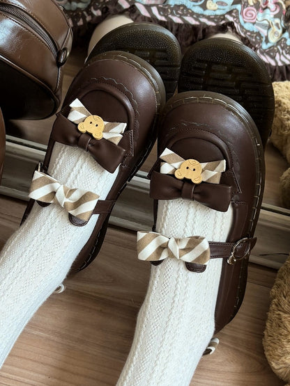 Design PU - and Kuma-themed with 2cm Flat Ear Shoes Strap Lolita Bear Brown Striped Bow