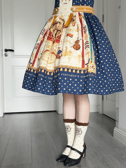 Short Dark Blue Musical Print Peter Pan Collar OP Dress with Tassels - Crucis Universal Tailor Company