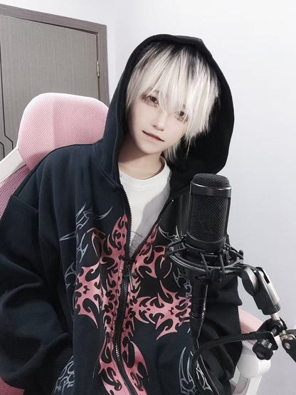 Black Cross Gothic with Zip-Up Red Print Hoodie Thin/Thick