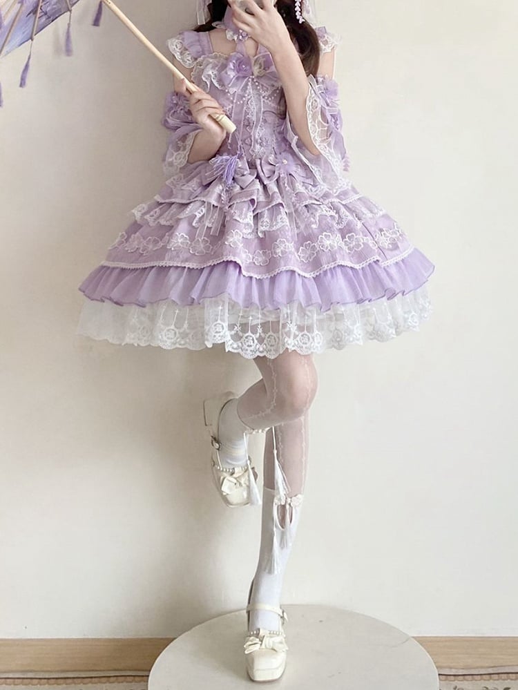 Bows Dress Frog Chinoiserie Flower with Layered Purple Lolita Corset Button Waist