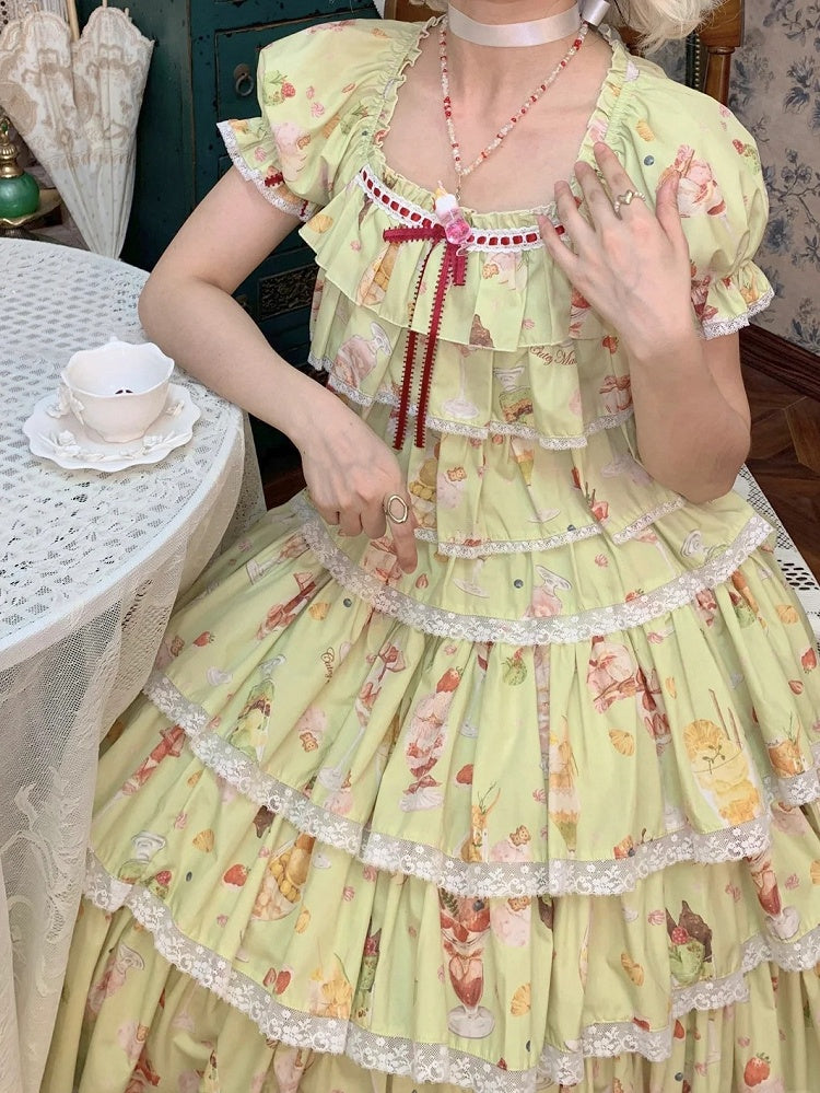 グリーンプリントフルーツサマーパフェトップス半袖