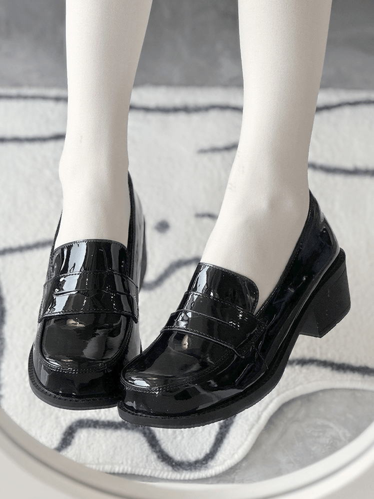 für Slip-On PU-Schuhe, akademisches Design, mittelhoher Absatz, schwarze Schule –