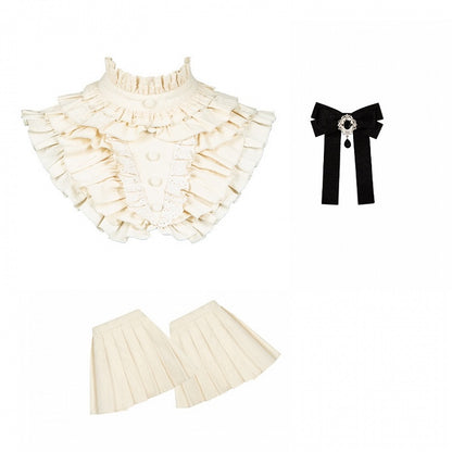 Beige Ruffled High Neck Collar + Bowtie + Detachable Pleated Cuffs