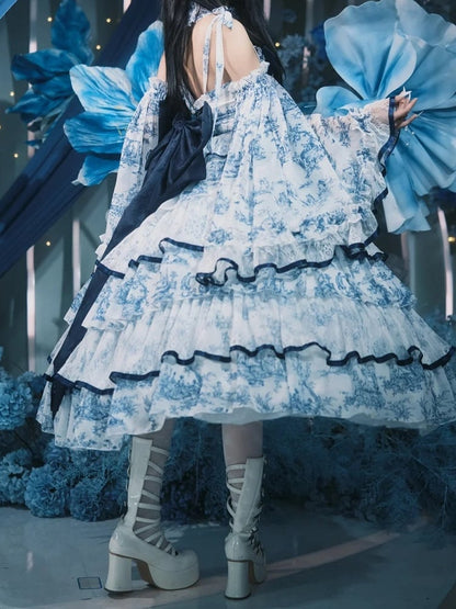 Dress Porcelain-Inspired 120CM-Length Blue Princess White Hanayome-Style Elegant Lolita