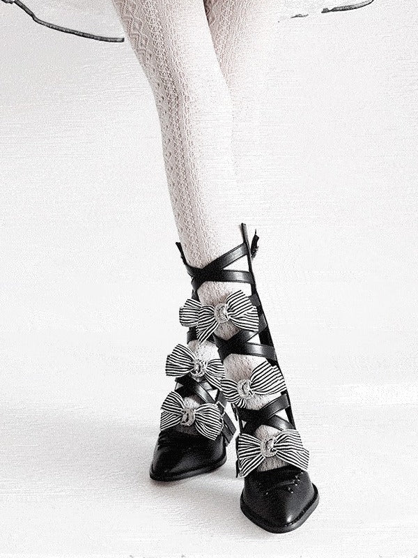 Gothic Pointed Toe Boots with Striped Bow & 8cm Heel - NRose