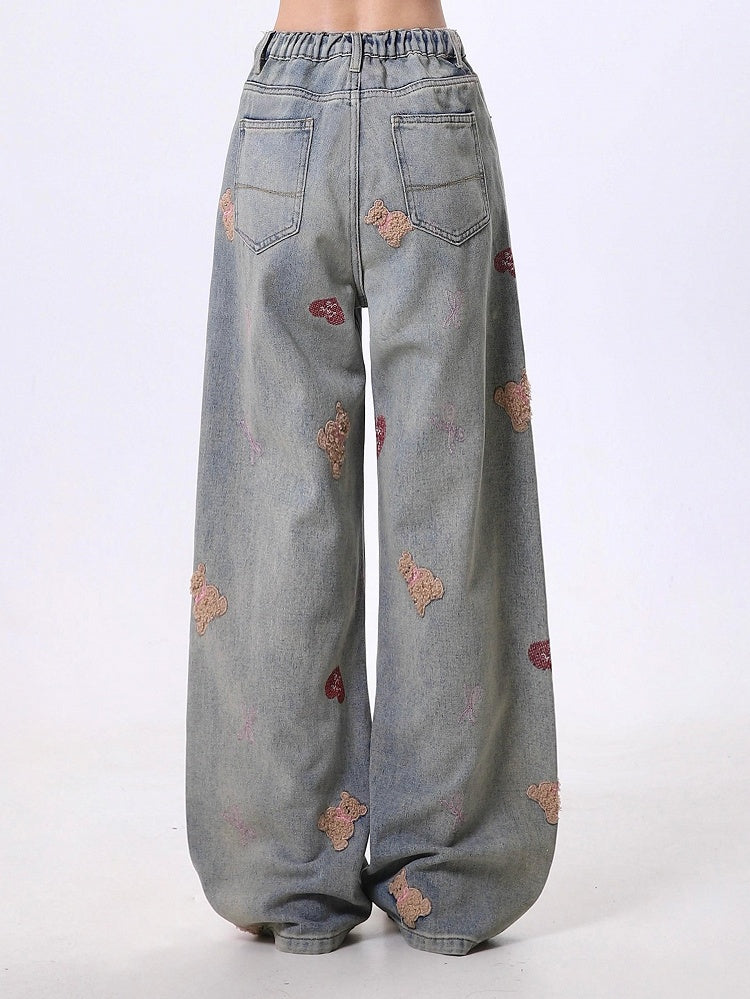 Light Gray Straight-Leg Jeans with Faded Wash and Bear Embroidery