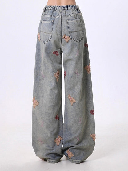 Light Gray Straight-Leg Jeans with Faded Wash and Bear Embroidery