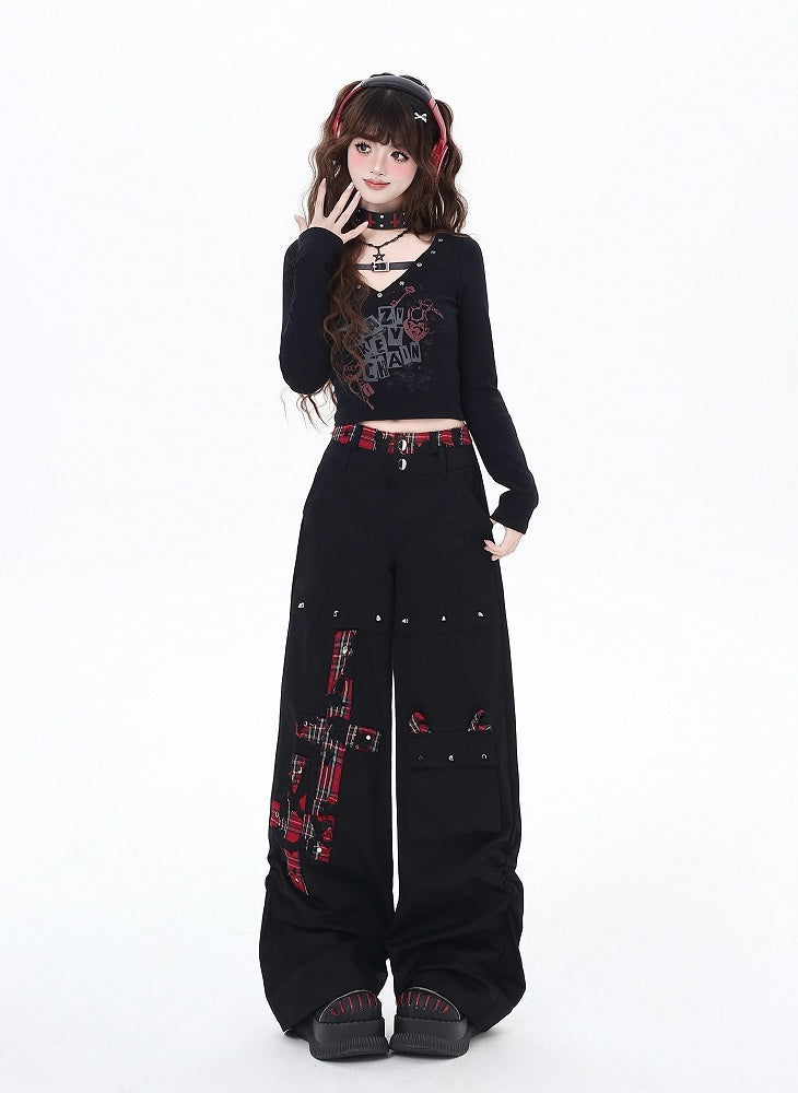 Black and Red Plaid Studs Detail Wide-Leg Pants