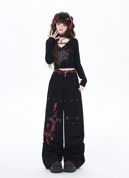Black and Red Plaid Studs Detail Wide-Leg Pants