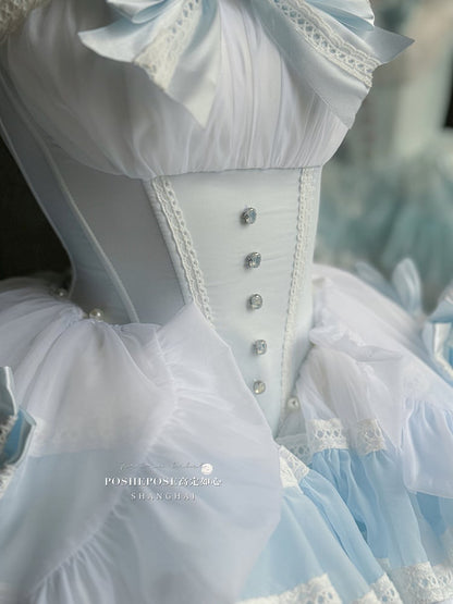 Blaues Balletcore-Trägerloses Puffkleid mit Taillenstäbchen und abnehmbarer Tüllschleppe