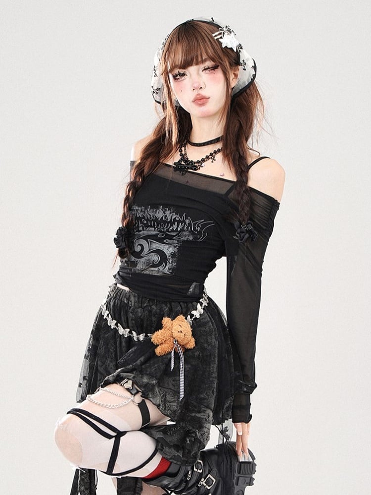 Sheer Off-Shoulder Black Top Two-Piece Set