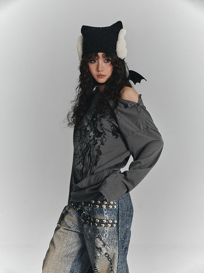 Square Print Gray Buckle T-Shirt Sleeve with Neck Long Asymmetrical Punk Strap Waist Black Graffiti