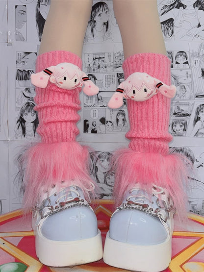 ピンクのシャギートリムニットレッグウォーマー