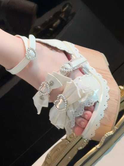 Sandals - Lolita White Heart Platform Beaded Buckles Old School