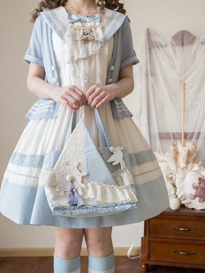 Blue Knitted Short-sleeved Cardigan Lolita Perforated