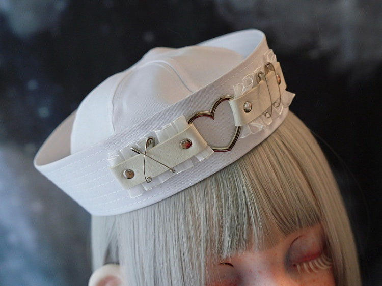 White Heart-shaped Ring Studs Pins Lace Sailor Hat
