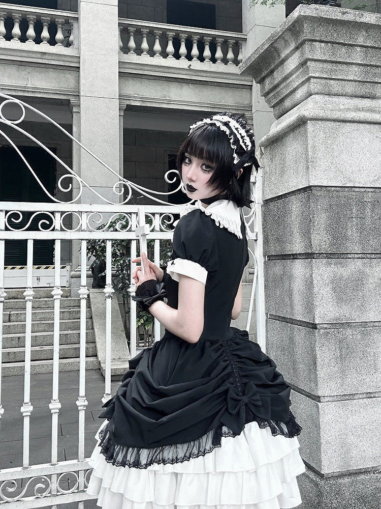 and Asymmetrical Dress Black Lolita Peter Pan White Skirt Tiered Gothic Sleeves Collar Short
