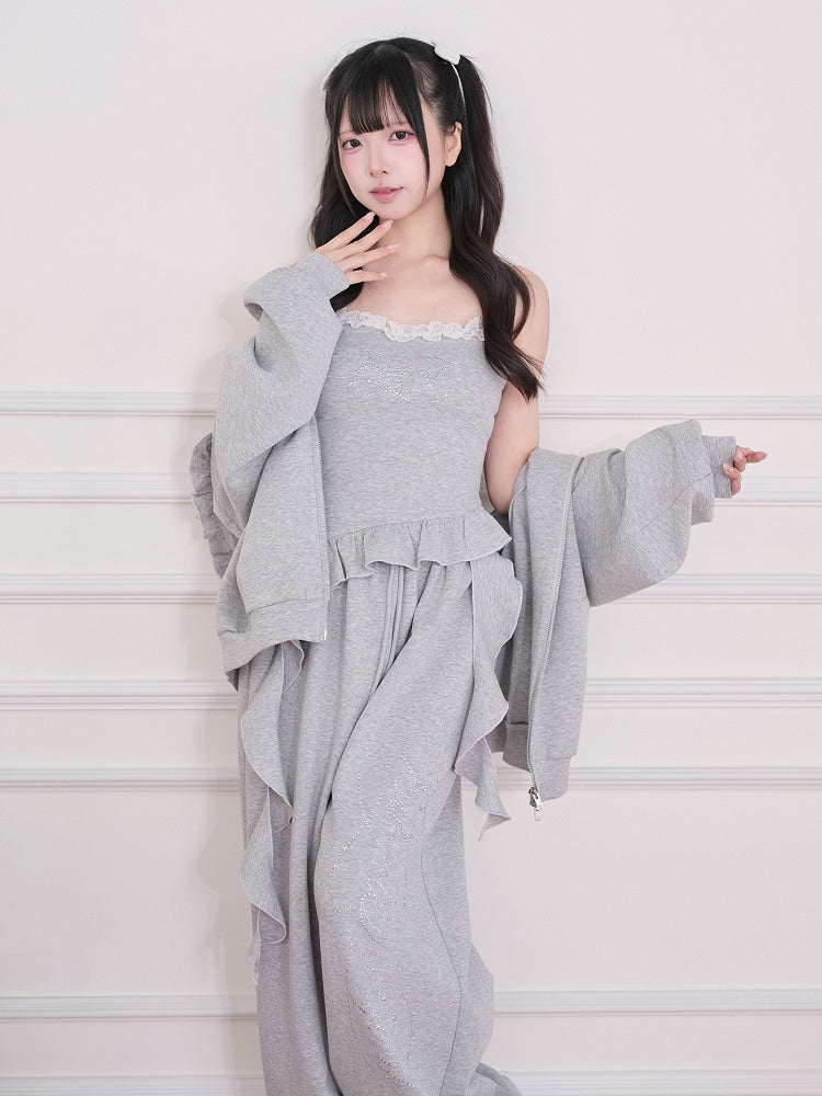 Gray Wing-Shaped Rhinestone Zip-Up Hoodie with Ruffle Trim - No Genki