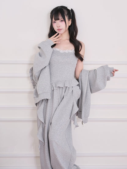 Gray Wing-Shaped Rhinestone Zip-Up Hoodie with Ruffle Trim - No Genki