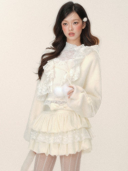 Aprikosenfarbener kurzer Plüsch-Cardigan mit selbstbindenden Trägern und Spitzenbesatz