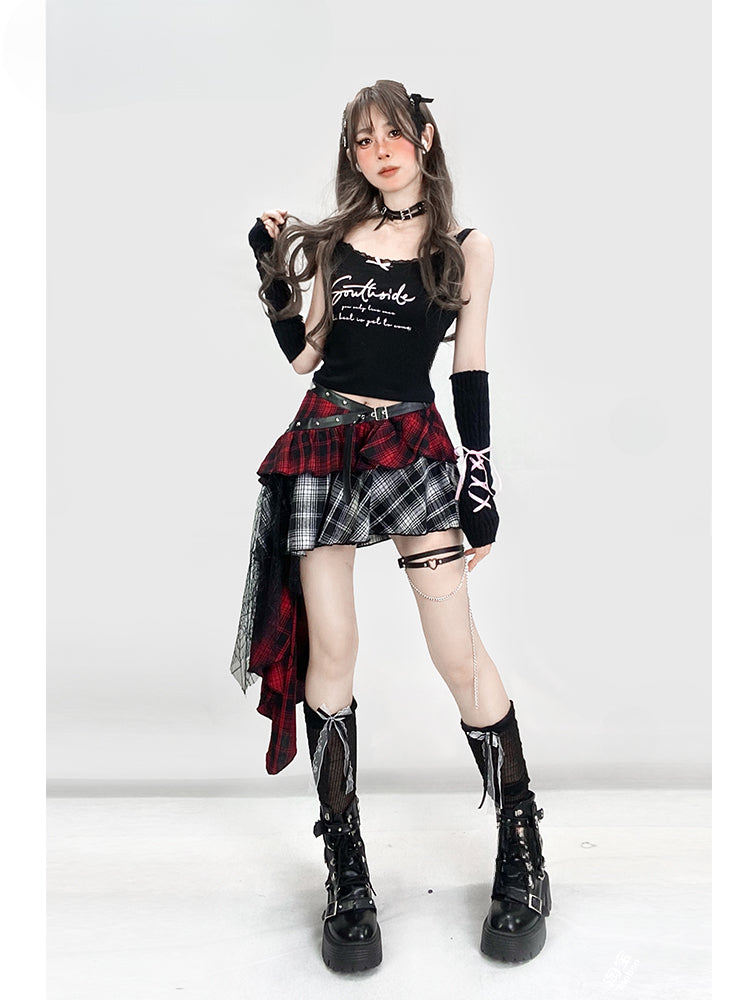 Y2K Red Plaid Asymmetrical Hem Tiered Punk Glamorous Skirt
