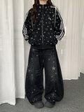 Pattern Jeans Star Wide-leg Distressed with Y2K Design Black