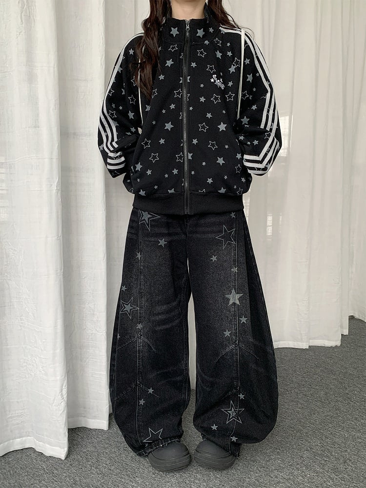 Pattern Jeans Star Wide-leg Distressed with Y2K Design Black