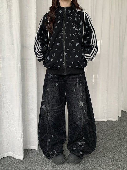 Pattern Jeans Star Wide-leg Distressed with Y2K Design Black
