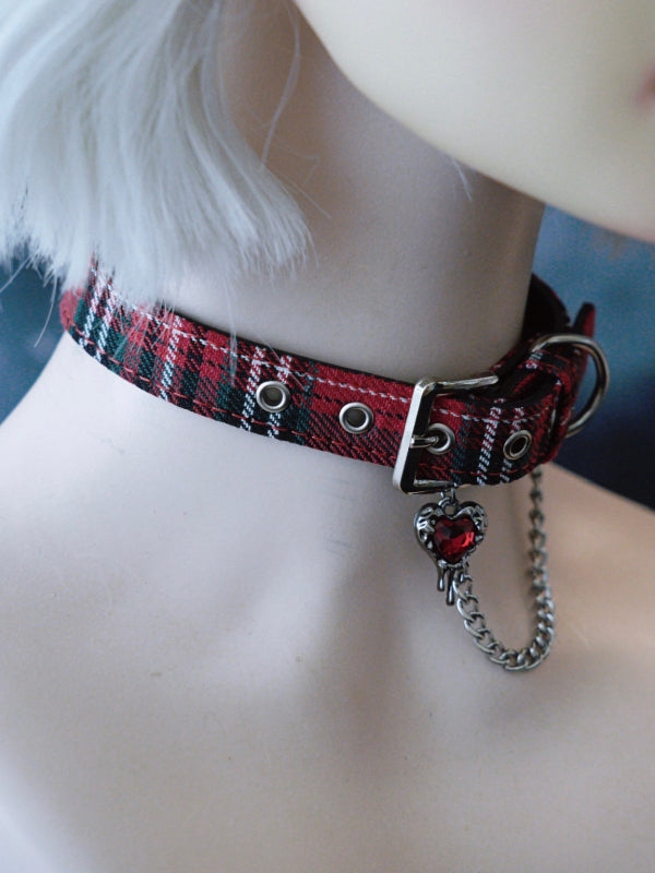 Plaid And Heart Pendant Chain RedGreen Choker Gothic Rhinestone