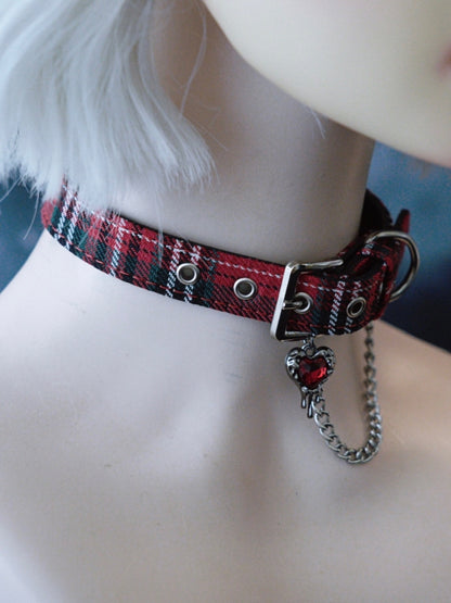 Plaid And Heart Pendant Chain RedGreen Choker Gothic Rhinestone