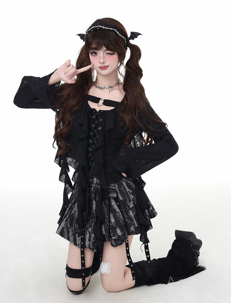 アシンメトリーなフリルプラケットヘムシフォントップス ピンク レースアップ ブラック/ライト