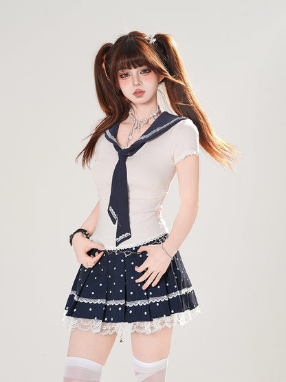 + Tシャツセット プリーツセーラー 水玉模様 取り外し可能なブルースカート ネイビー アプリコット スリムフィットカラー