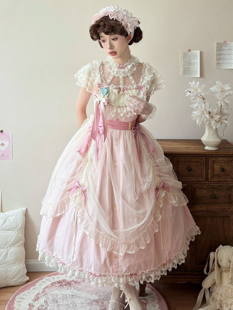 Pink with Bow Details Version Lolita Elegant Classic Dress Lace Long and
